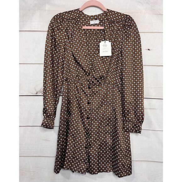 Sandro Paris NWT Dress Size 34 Brown With Yellow Flowers Button Down Long Sleeve - Picture 1 of 4
